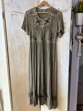 Vintage 90’s Embroidered Olive Maxi Dress with Button Front